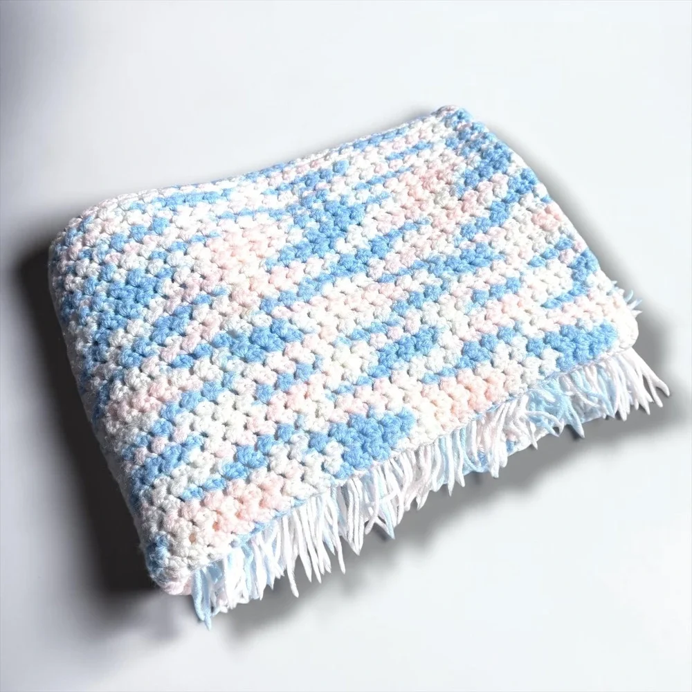 Handmade Crochet Baby Blanket Pastel Blue Pink White Variegated Fringed Afghan